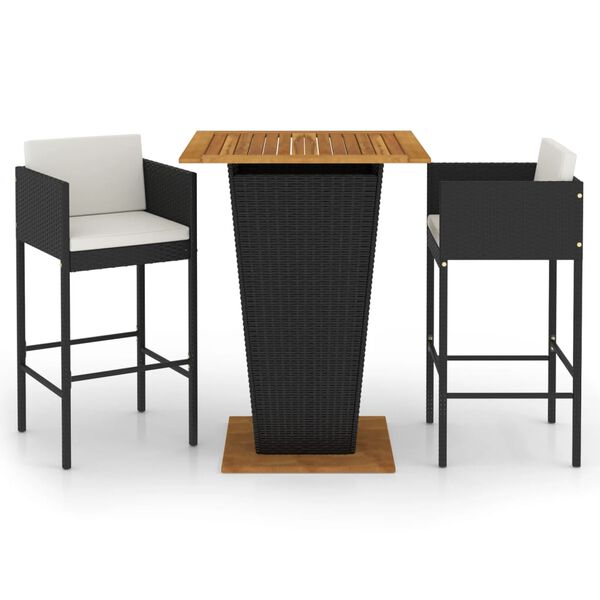 vidaXL 3-tlg. Gartenbar-Set mit Kissen Poly Rattan Schwarz