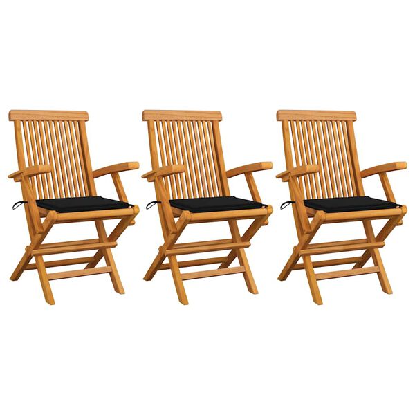 vidaXL Gartenst&uuml;hle mit Schwarzen Kissen 3 Stk. Massivholz Teak