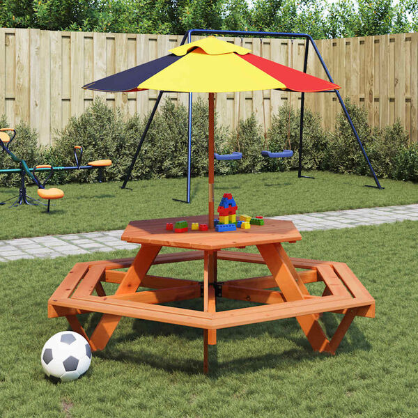 vidaXL Picknicktisch mit B&auml;nken f&uuml;r 6 Kinder Sechseckig Tannenholz