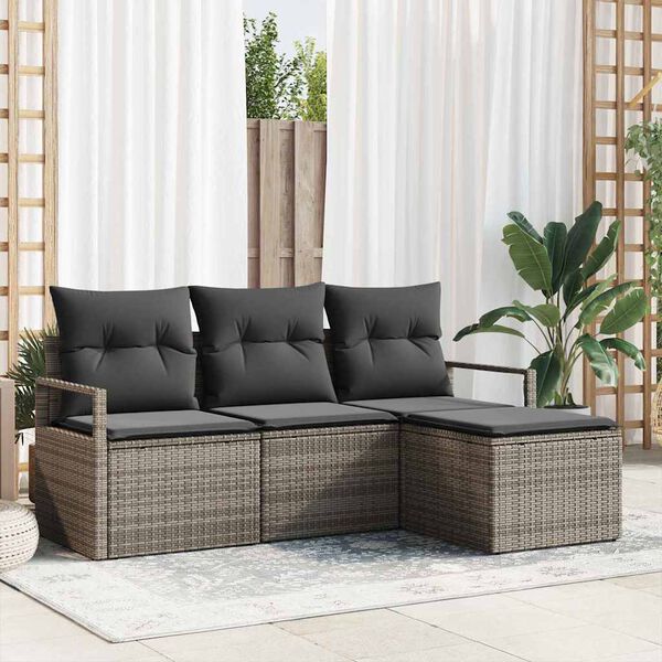 vidaXL Sofa Set mit Kissen mit Speicher 4 pcs Grau Poly-Rattan