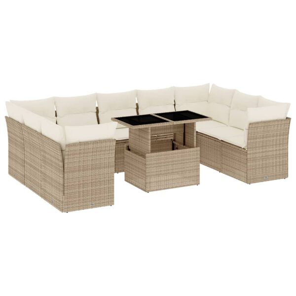 vidaXL 10-tlg. Garten-Sofagarnitur mit Kissen Beige Poly Rattan