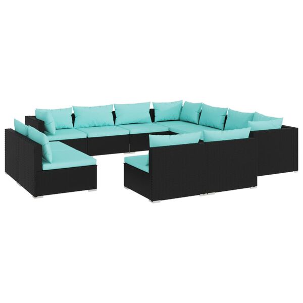 vidaXL 11-tlg. Garten-Lounge-Set mit Kissen Schwarz Poly Rattan