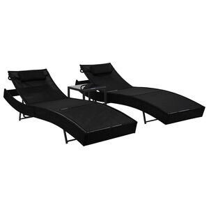 vidaXL Sonnenliegen 2 Stk. mit Tisch Poly Rattan und Textilene Schwarz