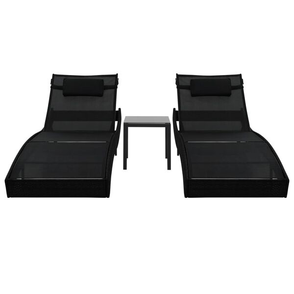vidaXL Sonnenliegen 2 Stk. mit Tisch Poly Rattan und Textilene Schwarz