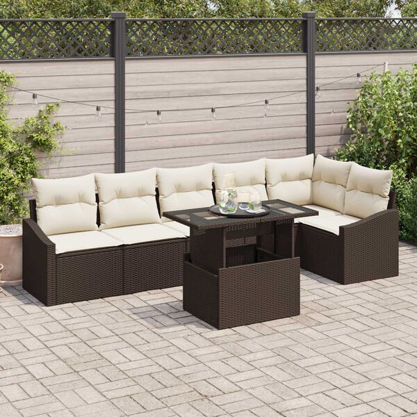 vidaXL Garten-Sofa-Set mit Kissen mit Speicher 7 pcs Braun und Creme