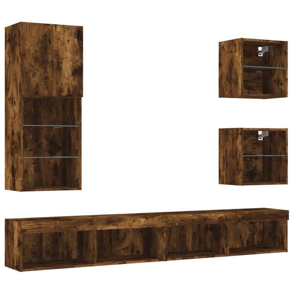 vidaXL 5-tlg. Wohnwand mit LED-Beleuchtung R&auml;uchereiche Holzwerkstoff