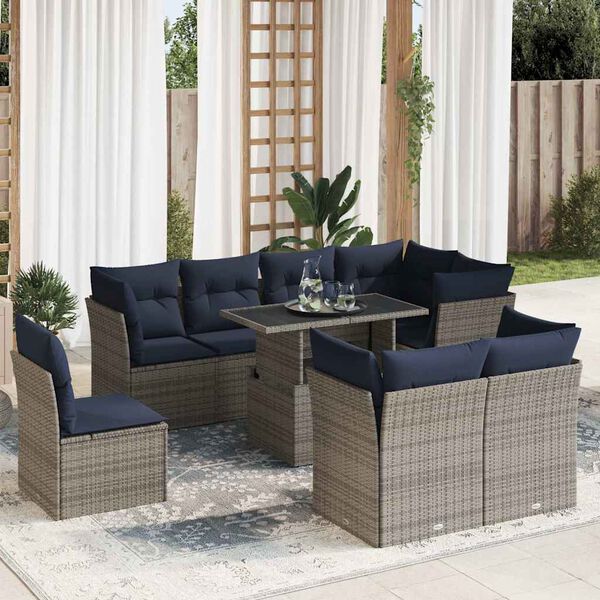 vidaXL 9-tlg. Garten-Sofagarnitur mit Kissen Grau Poly Rattan Akazie