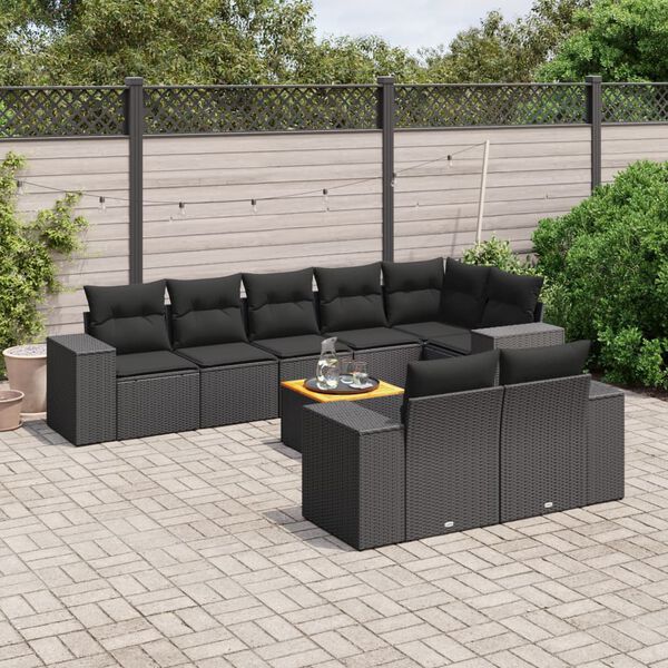 vidaXL 9-tlg. Garten-Sofagarnitur mit Kissen Schwarz Poly Rattan