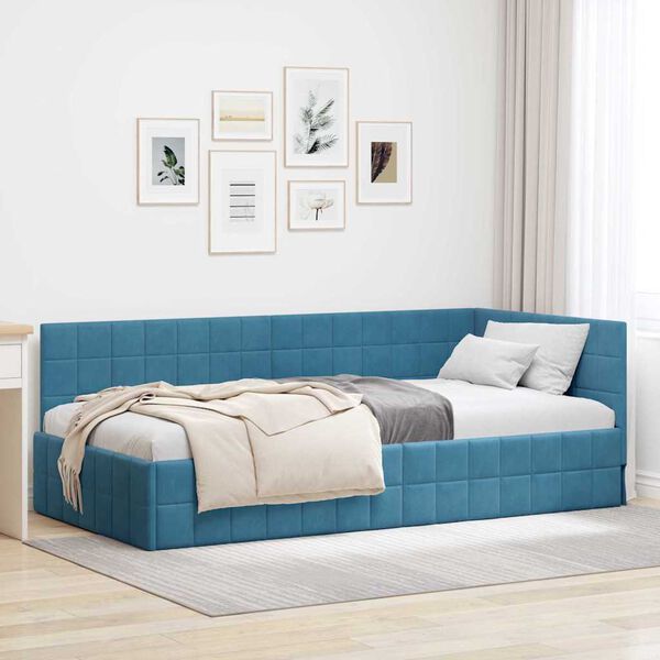 vidaXL Eckbettgestell mit Kopfteil Blau 100 cm x 200 cm Samt