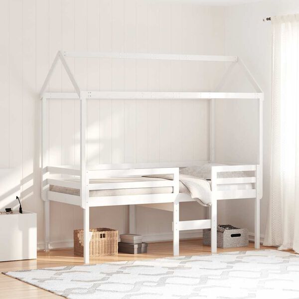 vidaXL Hochbett mit Dach Wei&szlig; 90x190 cm Massivholz Kiefer