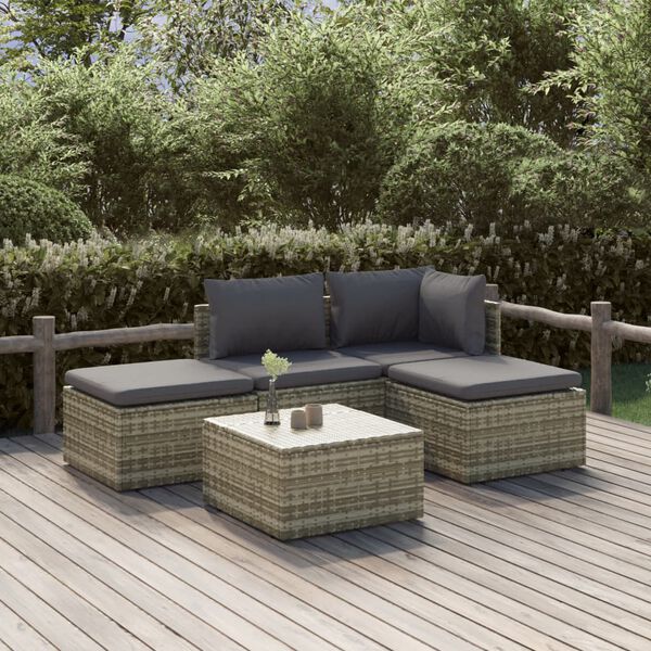 vidaXL 5-tlg. Garten-Lounge-Set mit Kissen Grau Poly Rattan