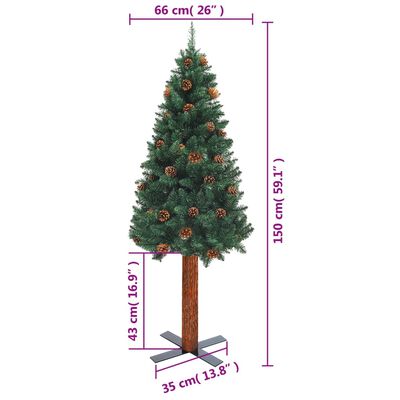 vidaXL Weihnachtsbaum Schlank mit Echtholz und Zapfen Grün 150 cm PVC