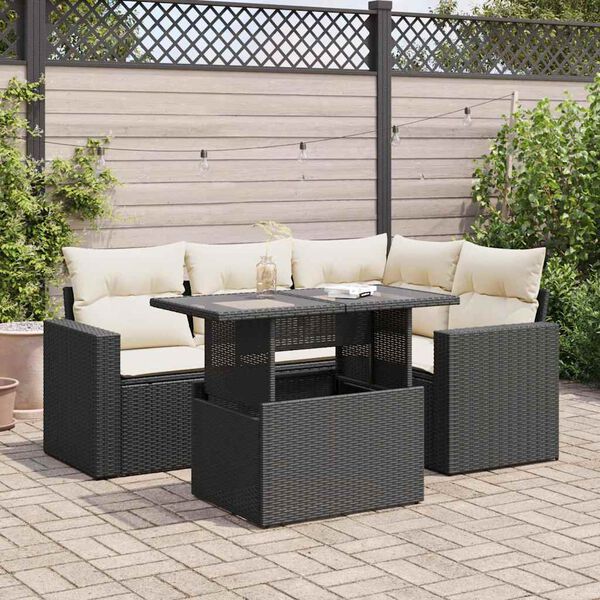 vidaXL 5-tlg. Garten-Sofagarnitur mit Kissen Schwarz Poly Rattan