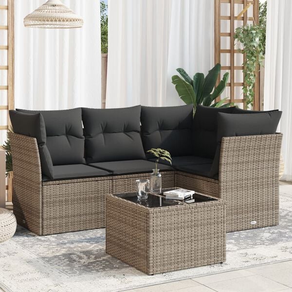 vidaXL 5-tlg. Garten-Sofagarnitur mit Kissen Grau Poly Rattan