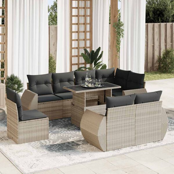 vidaXL 9-tlg. Garten-Sofagarnitur mit Kissen Hellgrau Poly Rattan