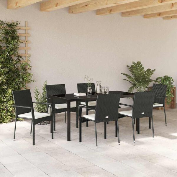 vidaXL Garten Essgruppe mit Kissen 7 pcs Schwarz Poly-Rattan