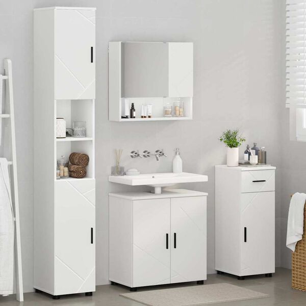 vidaXL Badezimmerm&ouml;bel-Set mit T&uuml;r 4 pcs Wei&szlig; Holzwerkstoff & Metall