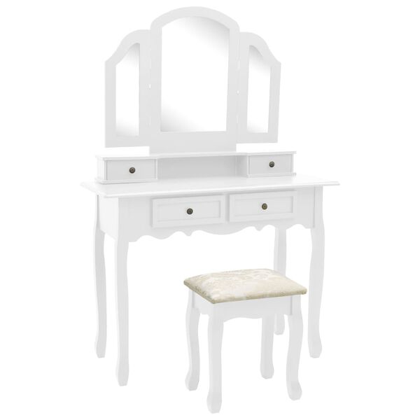 vidaXL Schminktisch-Set mit Hocker Wei&szlig; 100x40x146 cm Paulownia-Holz
