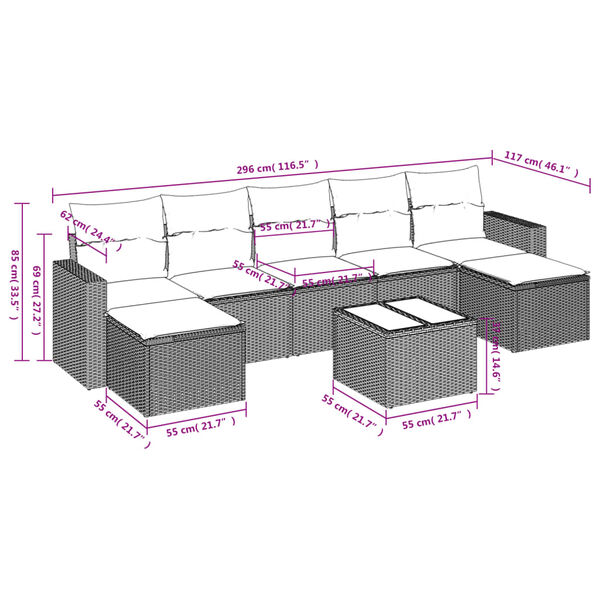 vidaXL 8-tlg. Garten-Sofagarnitur mit Kissen Hellgrau Poly Rattan