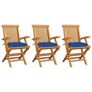 vidaXL Klappst&uuml;hle mit blauen Kissen, 3-teilig, Massivholz Teakholz