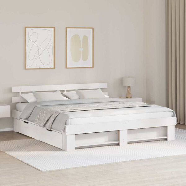 vidaXL Bettrahmen mit Kopfteil Wei&szlig; 200 x 200 cm Massives Kiefernholz