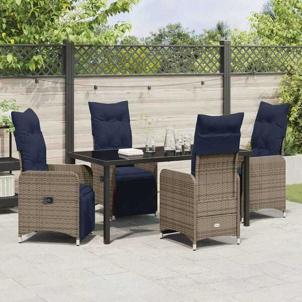 vidaXL Tisch- und Stuhlset mit Kissen 5 pcs Grau PE-Rattan