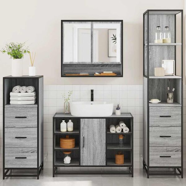 vidaXL 4-tlg. Badm&ouml;bel-Set Grau Sonoma Holzwerkstoff