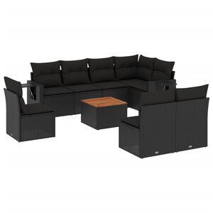 vidaXL 9-tlg. Garten-Sofagarnitur mit Kissen Schwarz Poly Rattan