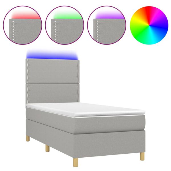 vidaXL Boxspringbett mit Matratze & LED Hellgrau 100x200 cm Stoff