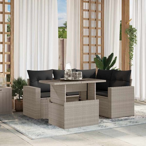 vidaXL 5-tlg. Garten-Sofagarnitur mit Kissen Hellgrau Poly Rattan