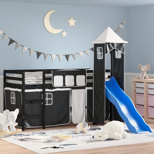 vidaXL Kinderhochbett mit Turm Wei&szlig; & Schwarz 90x200 cm Kiefernholz