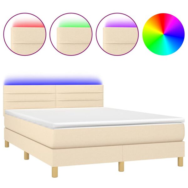 vidaXL Boxspringbett mit Matratze & LED Creme 140x190 cm Stoff