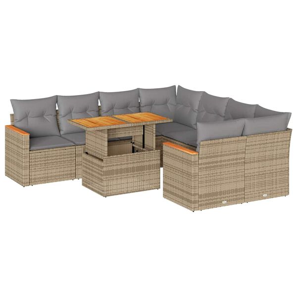 vidaXL 9-tlg. Garten-Sofagarnitur mit Kissen Beige Poly Rattan Akazie