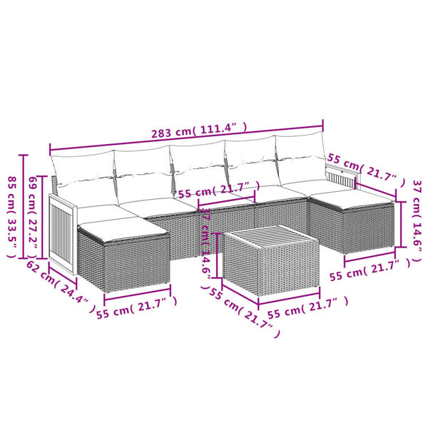 vidaXL 8-tlg. Garten-Sofagarnitur mit Kissen Beige Poly Rattan