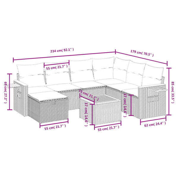 vidaXL 8-tlg. Garten-Sofagarnitur mit Kissen Schwarz Poly Rattan