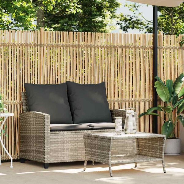 vidaXL Gartensofa 2-Sitzer mit Kissen & Tisch Hellgrau Poly Rattan