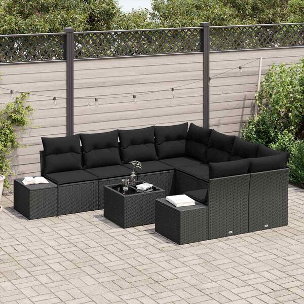 vidaXL Sofa Set mit Kissen 9 pcs Schwarz Poly Rattan
