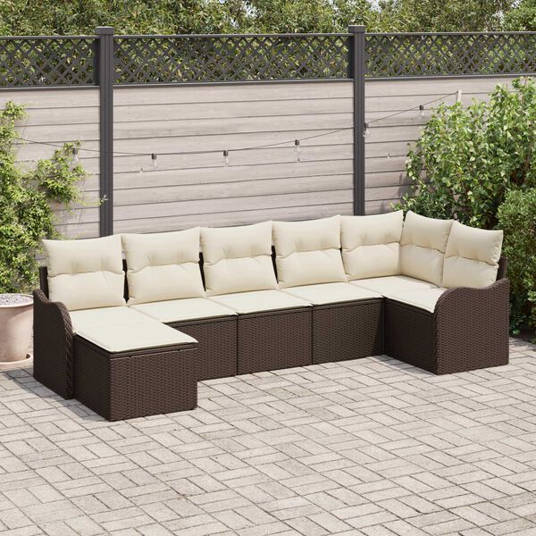 vidaXL Garten-Sofa-Set mit Kissen 7 pcs Braun und Wei&szlig; Poly Rattan