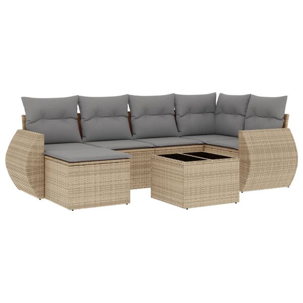 vidaXL 7-tlg. Garten-Sofagarnitur mit Kissen Beige Poly Rattan