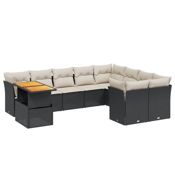 vidaXL 10-tlg. Garten-Sofagarnitur mit Kissen Schwarz Poly Rattan