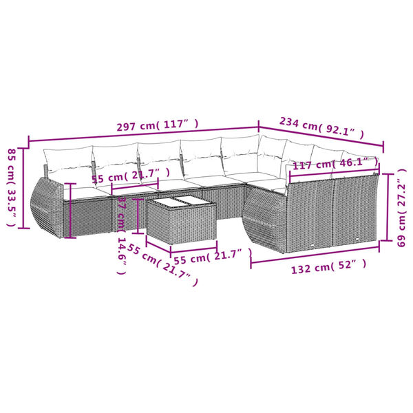 vidaXL 10-tlg. Garten-Sofagarnitur mit Kissen Hellgrau Poly Rattan