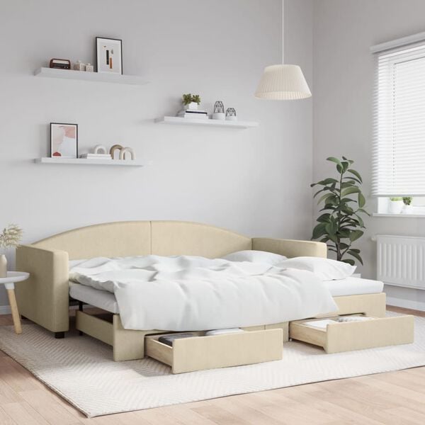 vidaXL Tagesbett Ausziehbar mit Schubladen Creme 90x200 cm Stoff