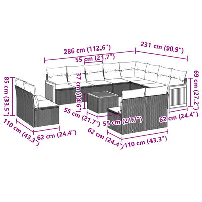 vidaXL 12-tlg. Garten-Sofagarnitur mit Kissen Beige Poly Rattan