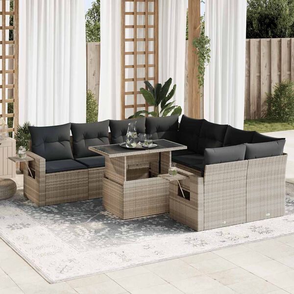 vidaXL 9-tlg. Garten-Sofagarnitur mit Kissen Hellgrau Poly Rattan