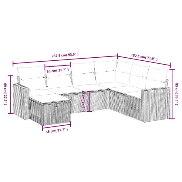 vidaXL 7-tlg. Garten-Sofagarnitur mit Kissen Braun Poly Rattan
