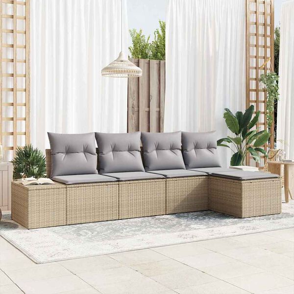 vidaXL Garten-Sofa-Set mit Kissen 5 pcs Beige und Hellgrau Poly-Rattan