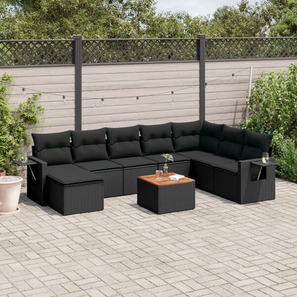vidaXL 9-tlg. Garten-Sofagarnitur mit Kissen Schwarz Poly Rattan