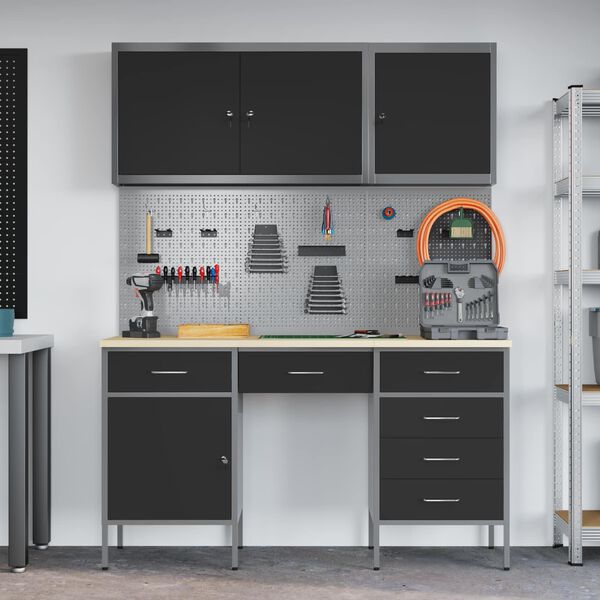 vidaXL Werkbank mit Schubladen 8 pcs Schwarz Ingenieure Holz und Stahl