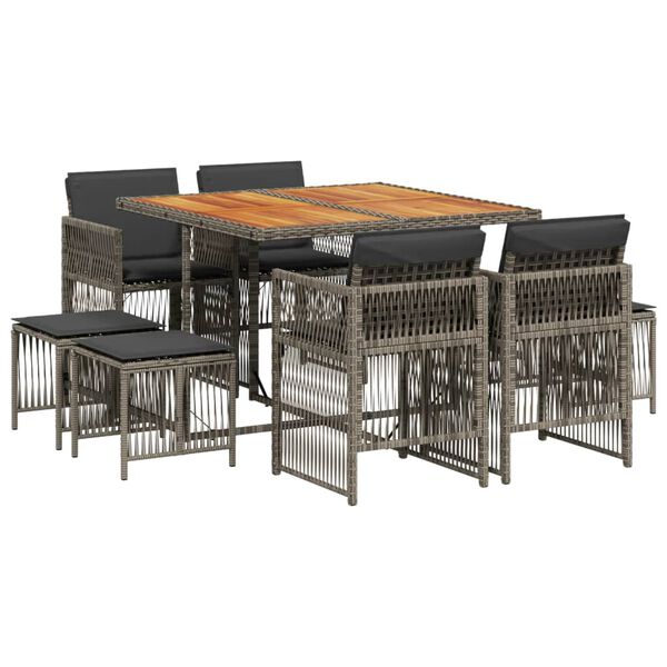 vidaXL 9-tlg. Garten-Essgruppe mit Kissen Grau Poly Rattan