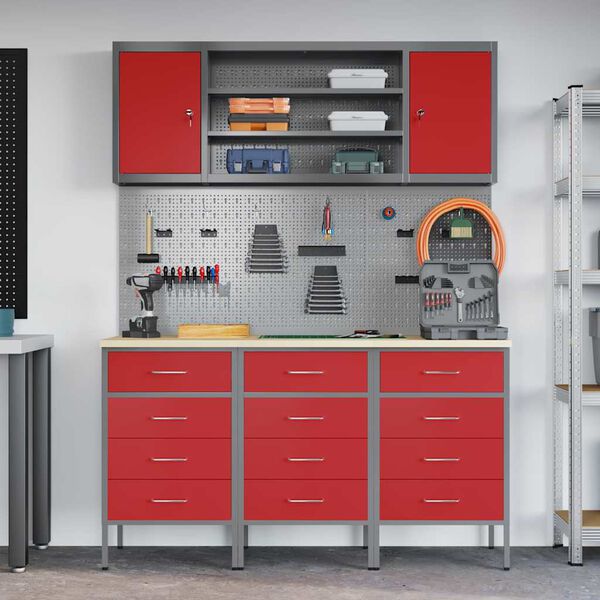 vidaXL Werkbank mit Schubladen 7 pcs Rot Ingenieure Holz und Stahl